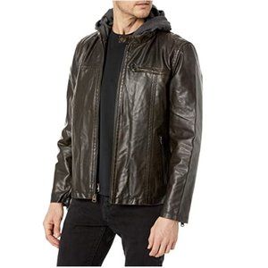 NWT Levi's mens Faux Leather Hooded Racer Jacket Faux Leather Size M $180 2D106
